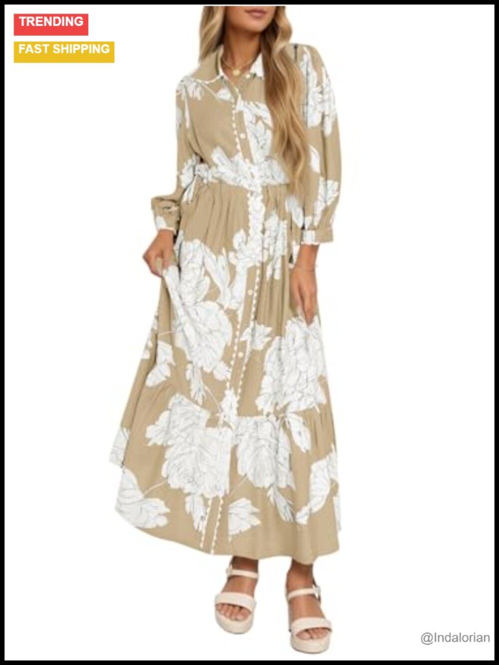 Womens Floral Maxi Shirt Dress Long Sleeve Button Down V Neck Boho